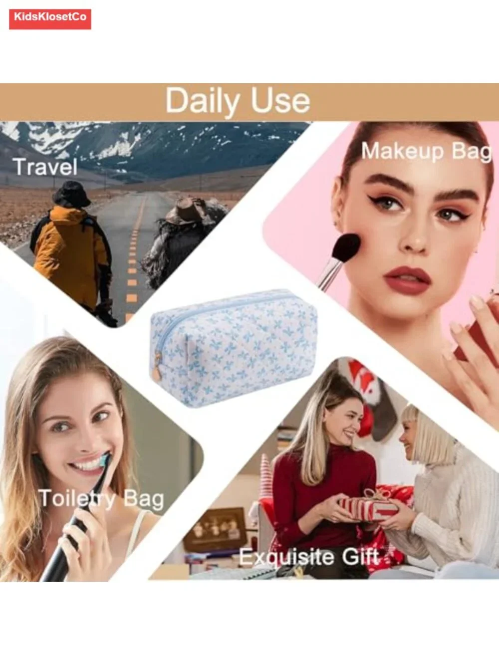 Quilted Cotton Makeup Bag - Large Capacity Travel Cosmetic Pouch with Metal